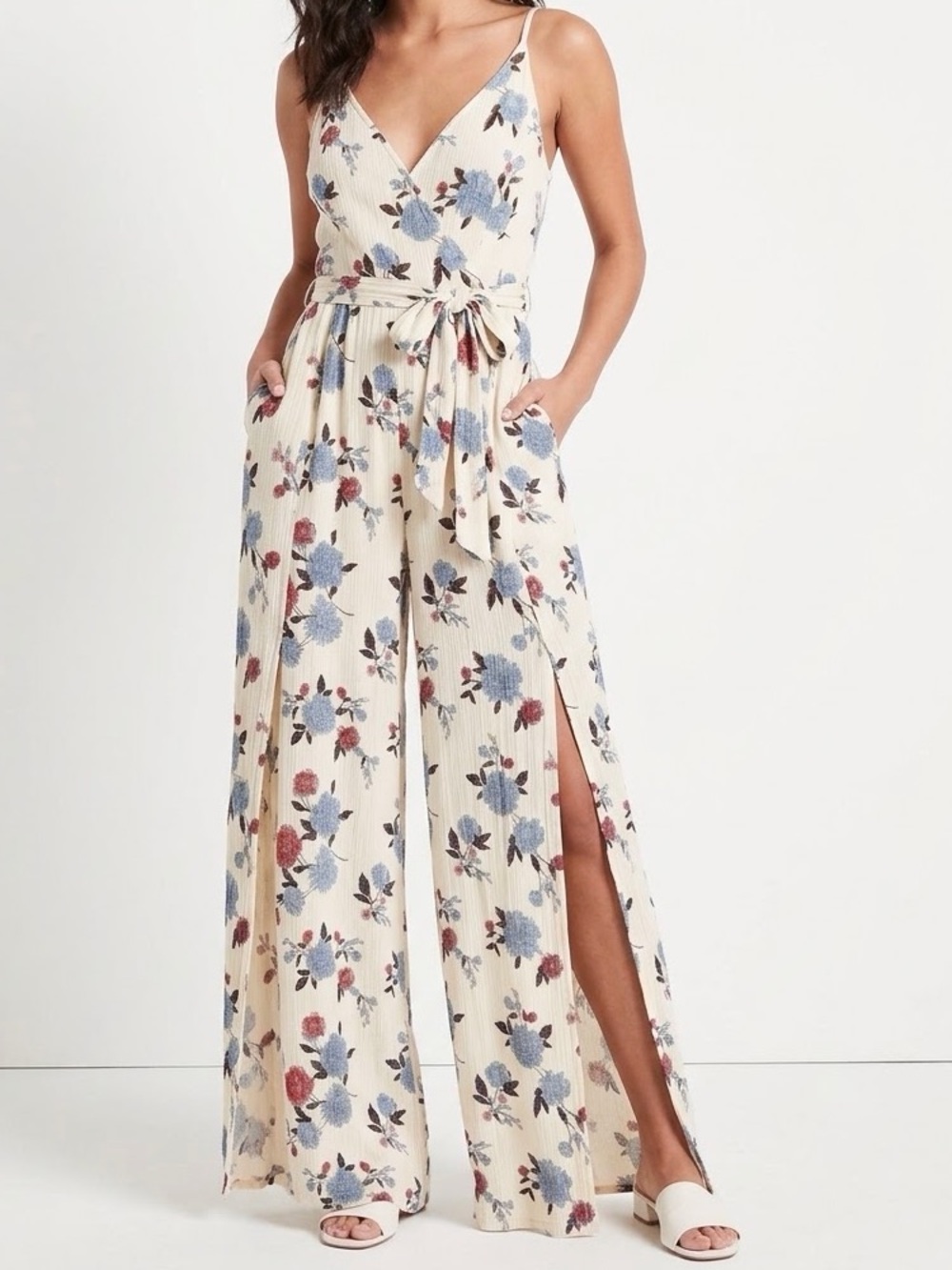 AMERICAN EAGLE Flowy Strapless Romper Ivory Floral Wide Leg Pants Jumpsuit